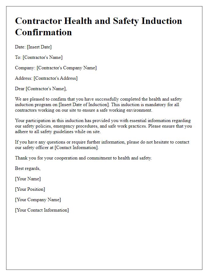 Letter template of contractor health and safety induction confirmation