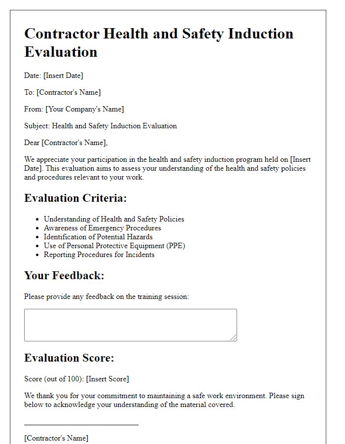 Letter template of contractor health and safety induction evaluation