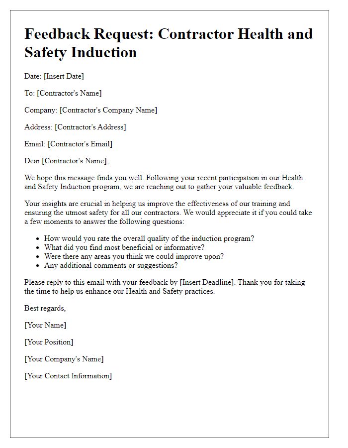 Letter template of contractor health and safety induction feedback request