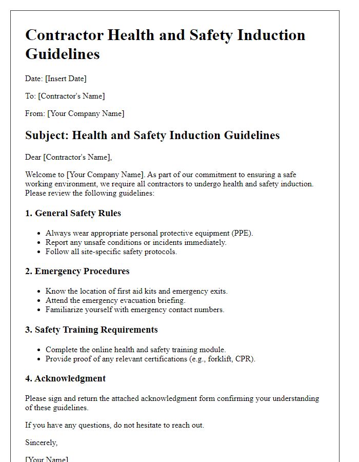 Letter template of contractor health and safety induction guidelines