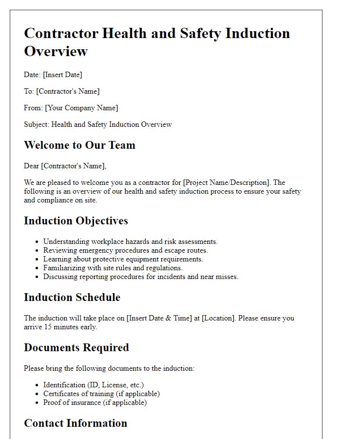 Letter template of contractor health and safety induction overview