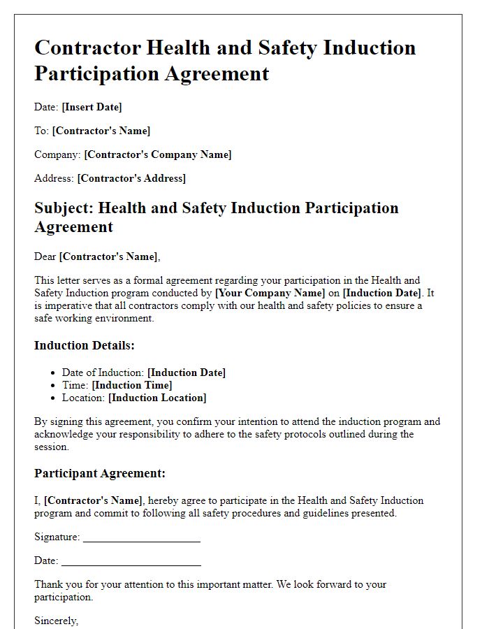 Letter template of contractor health and safety induction participation agreement