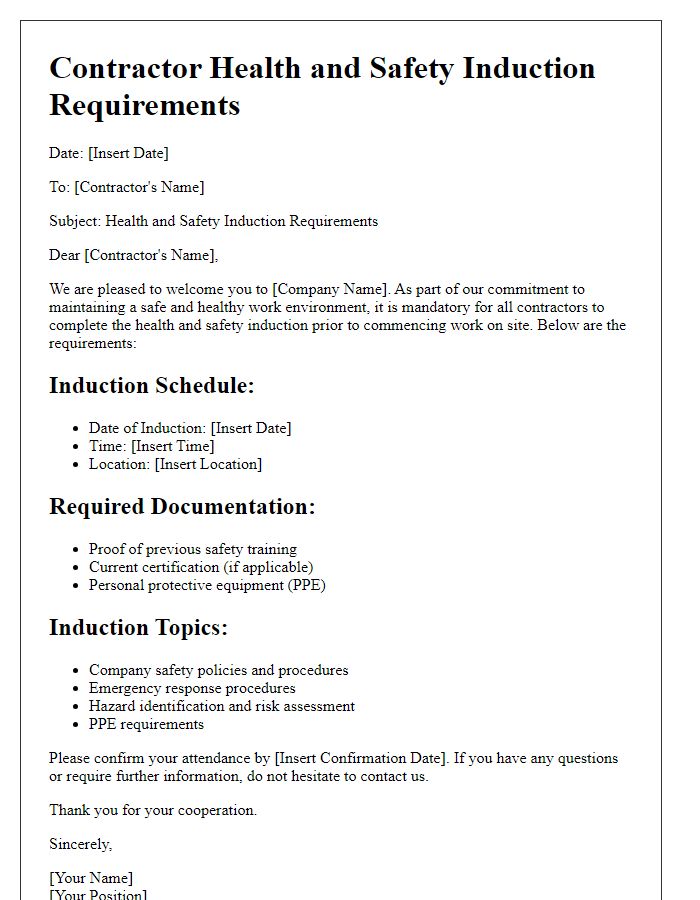 Letter template of contractor health and safety induction requirements