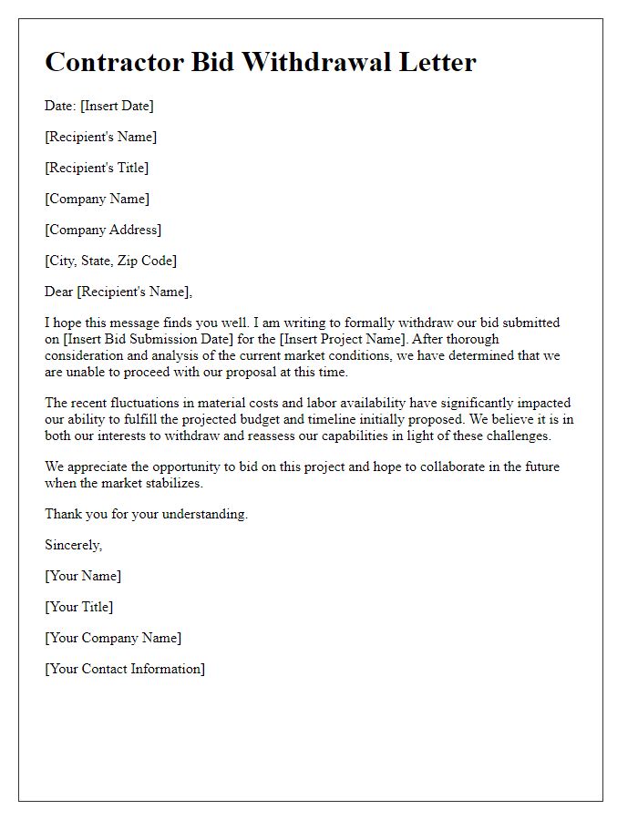 Letter template of contractor bid withdrawal based on market conditions.