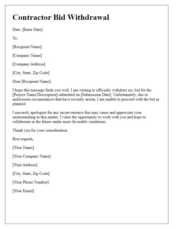 Letter template of contractor bid withdrawal due to unforeseen circumstances.