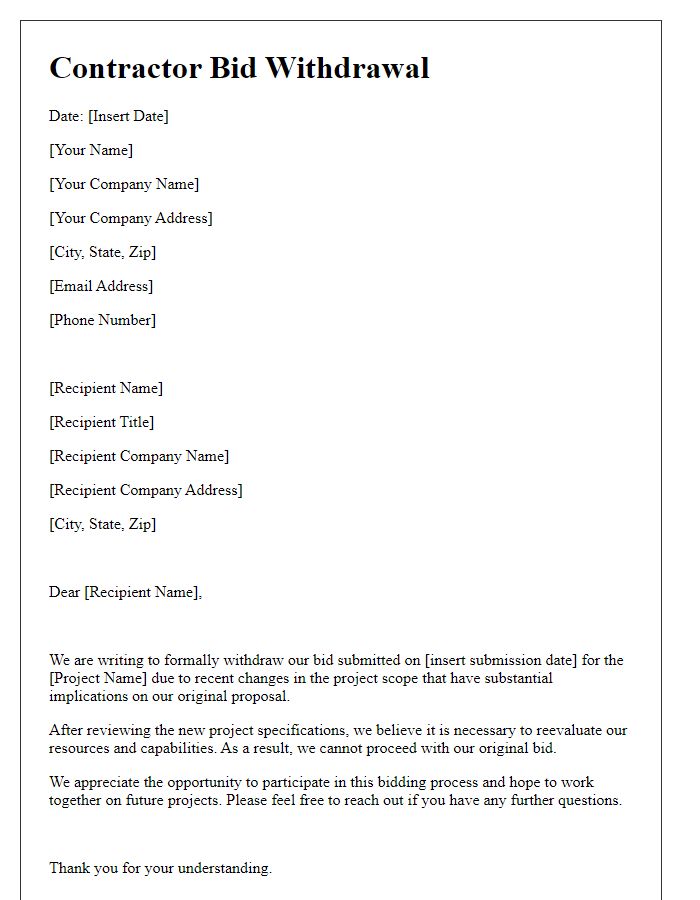 Letter template of contractor bid withdrawal following project scope changes.