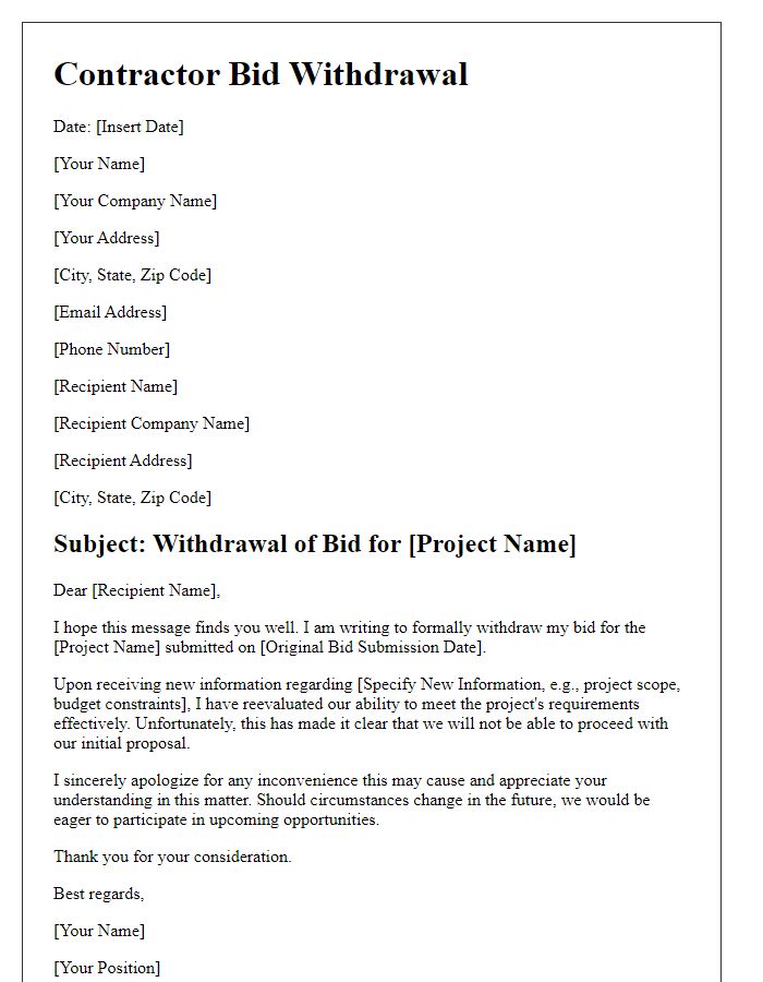 Letter template of contractor bid withdrawal in light of new information.