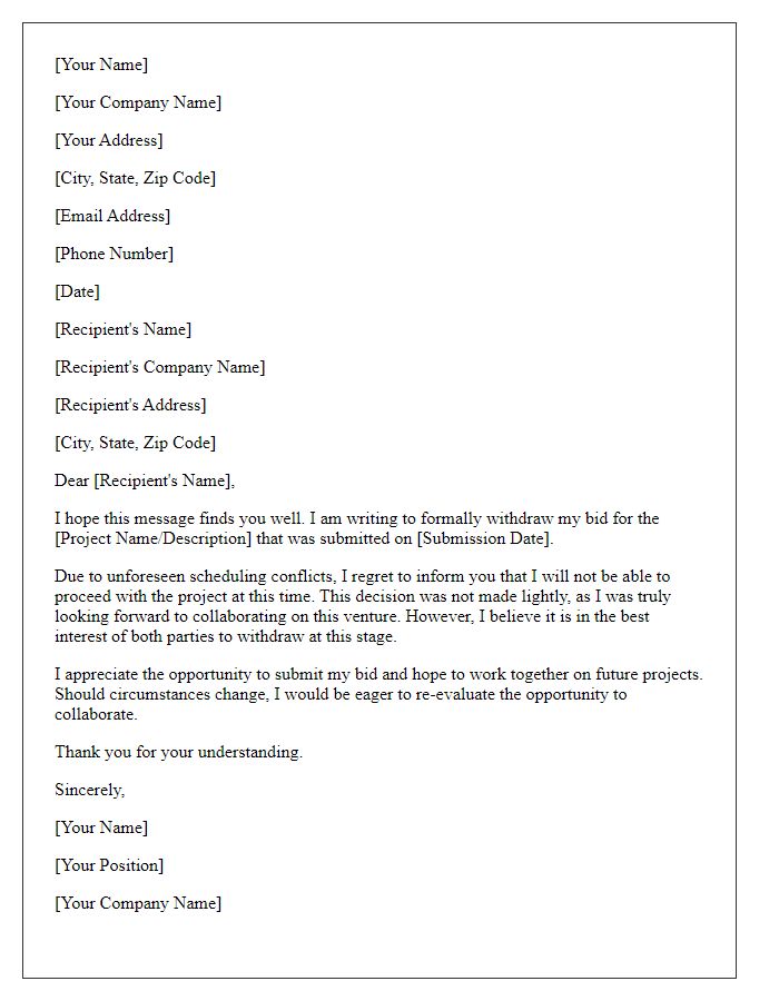 Letter template of contractor bid withdrawal prompted by scheduling conflicts.