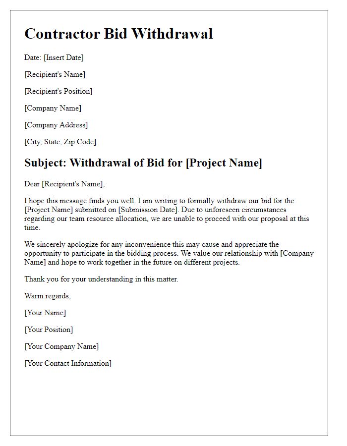 Letter template of contractor bid withdrawal for team resource reallocation.