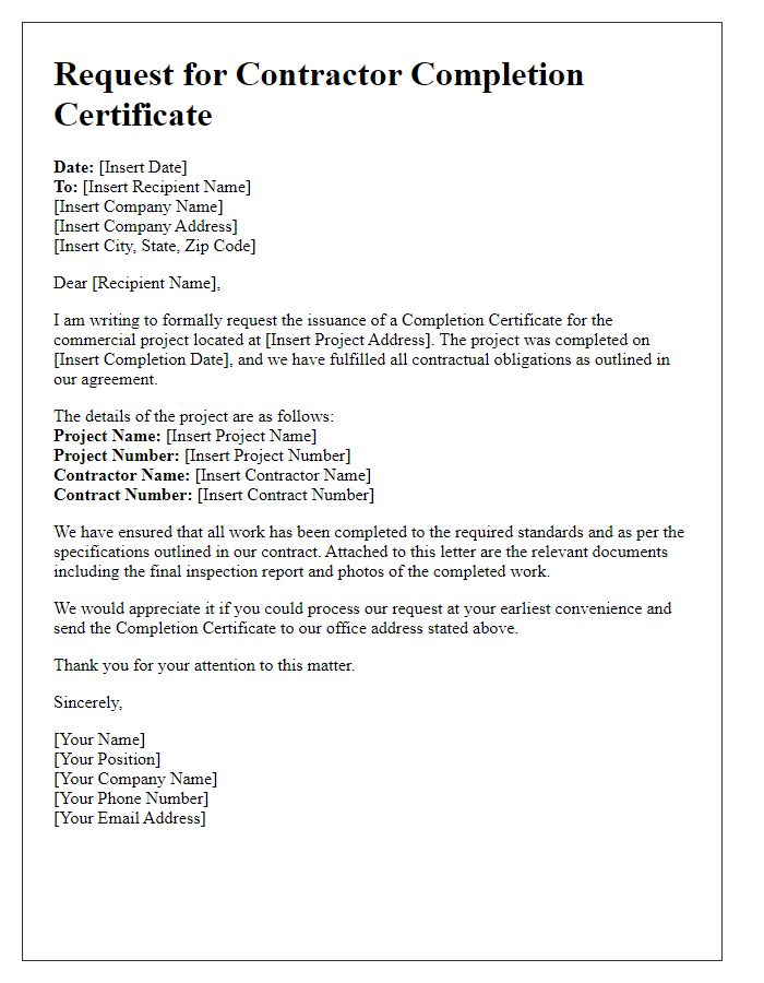 Letter template of contractor completion certificate request for commercial project.