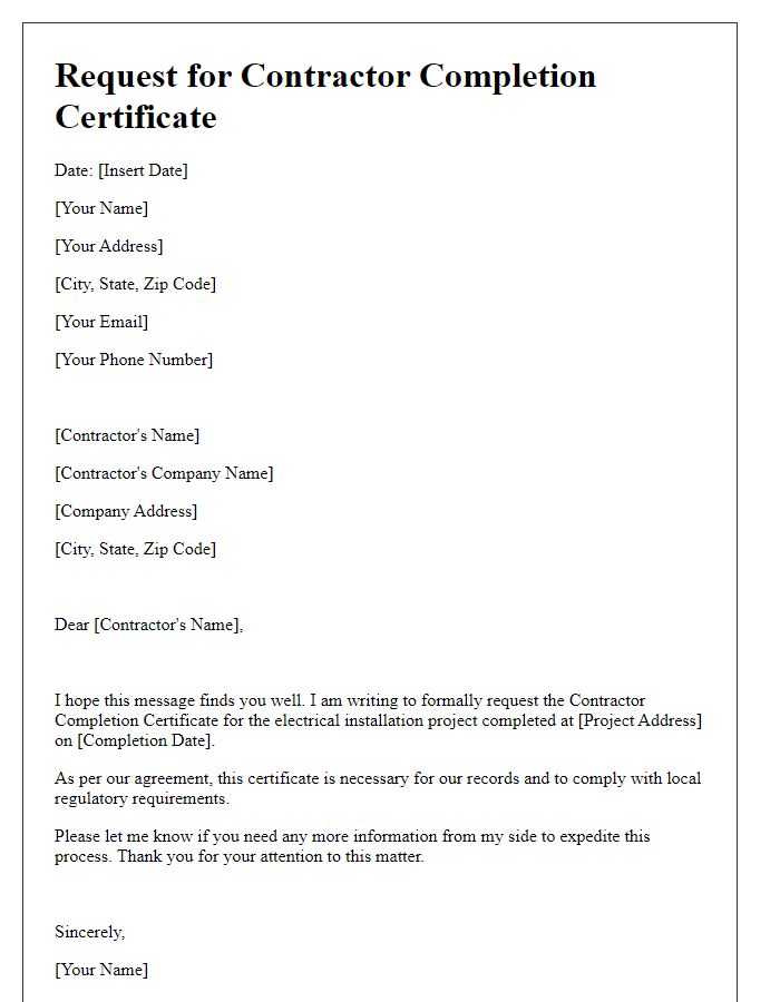 Letter template of contractor completion certificate request for electrical installation.