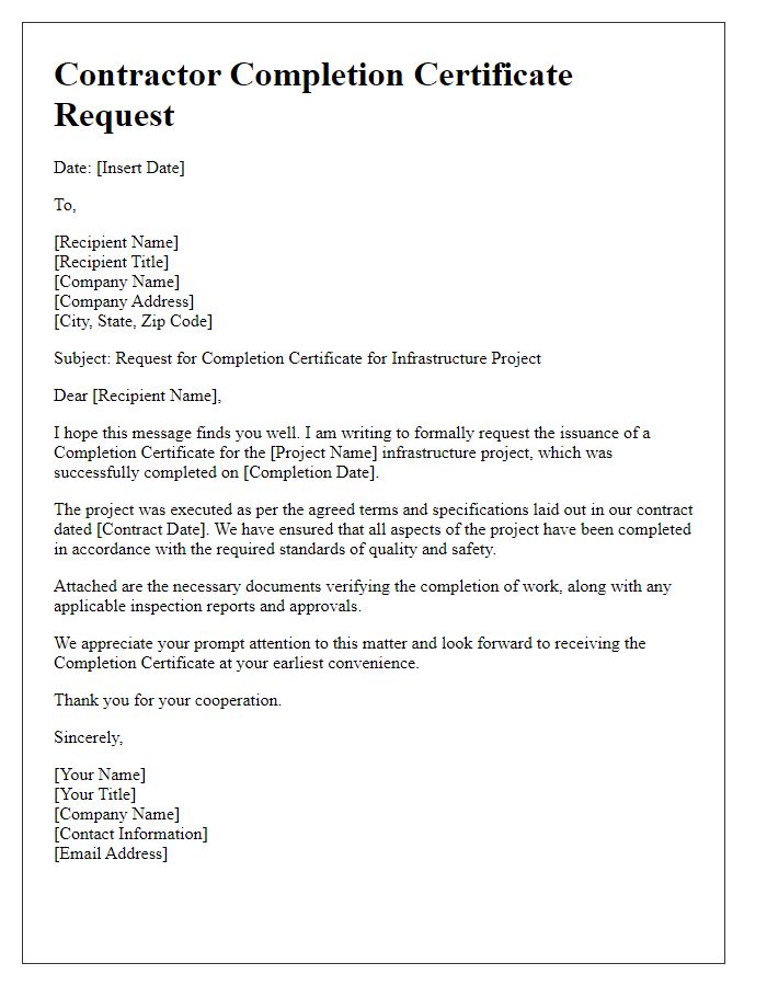 Letter template of contractor completion certificate request for infrastructure project.