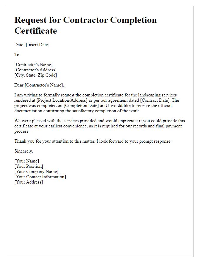 Letter template of contractor completion certificate request for landscaping services.