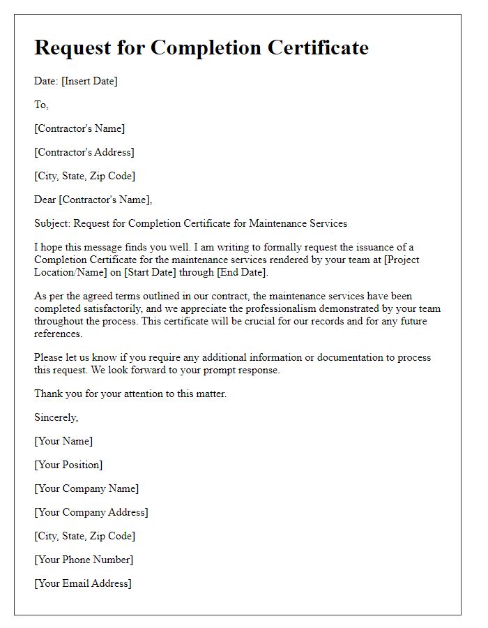 Letter template of contractor completion certificate request for maintenance services.