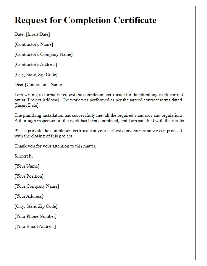 Letter template of contractor completion certificate request for plumbing work.