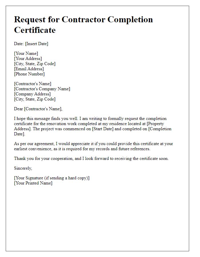 Letter template of contractor completion certificate request for renovation work.