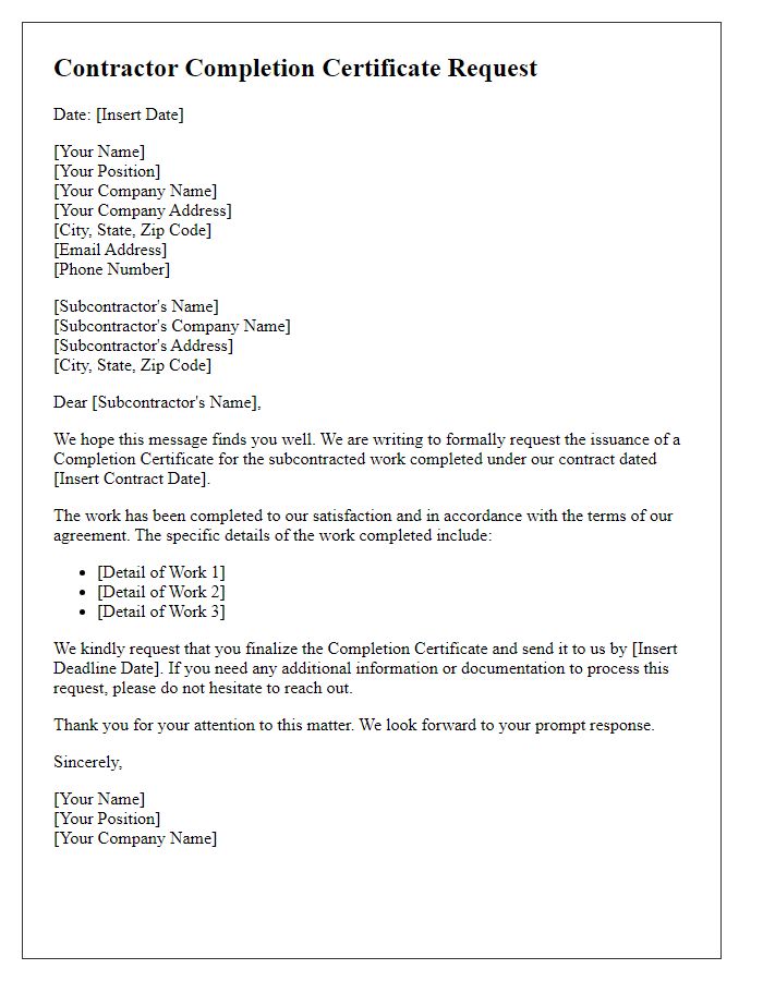 Letter template of contractor completion certificate request for subcontractor work.