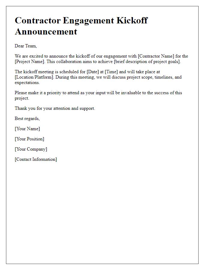 Letter template of contractor engagement kickoff announcement