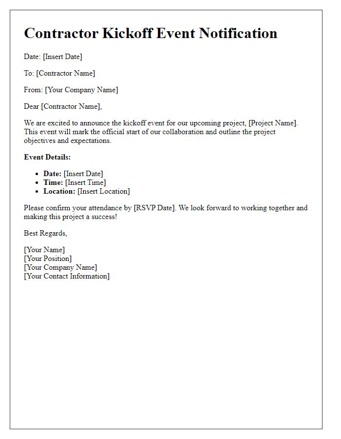 Letter template of contractor kickoff event notification