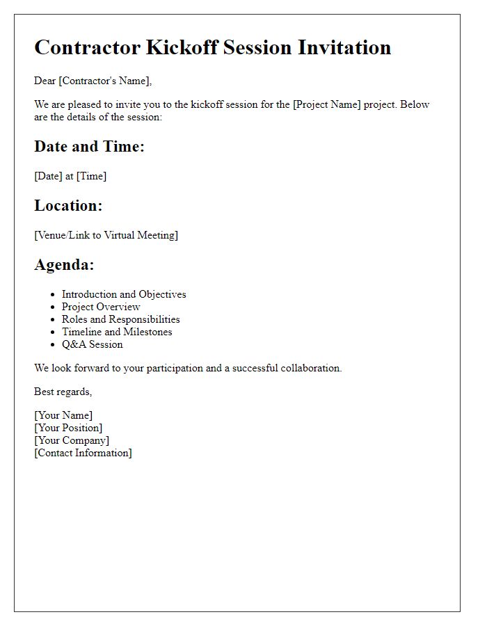 Letter template of contractor kickoff session details