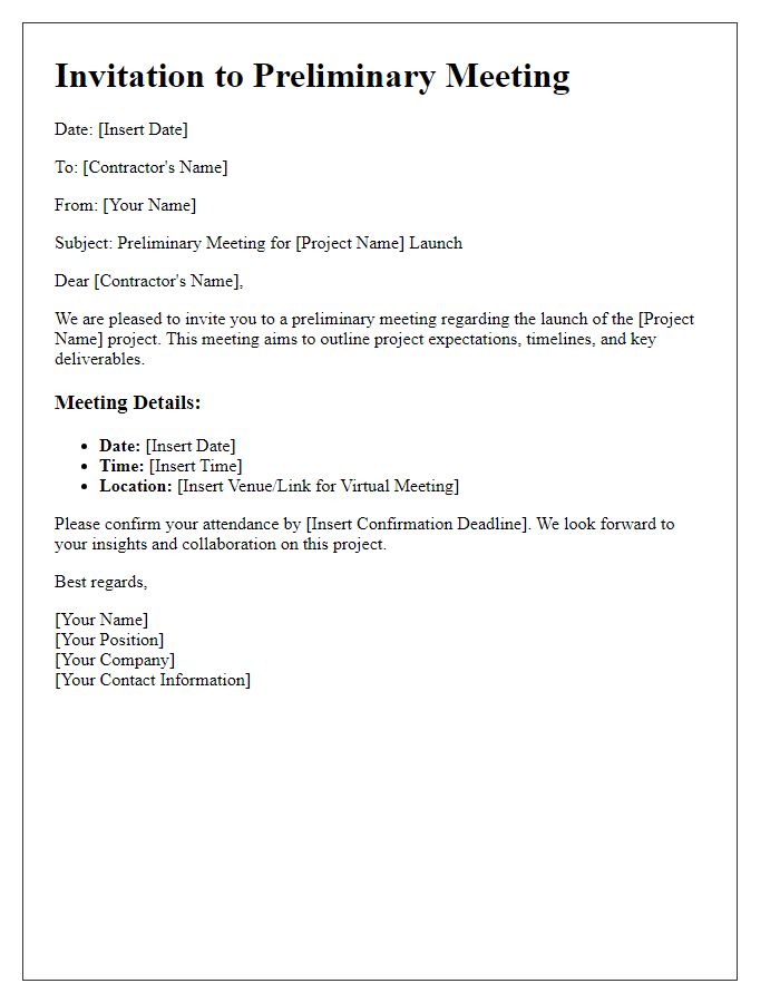 Letter template of preliminary meeting for contractor project launch