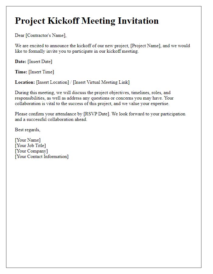 Letter template of project kickoff invitation for contractor collaboration