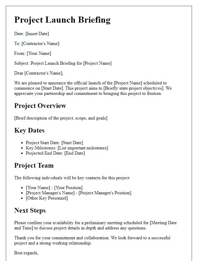 Letter template of project launch briefing for contractors