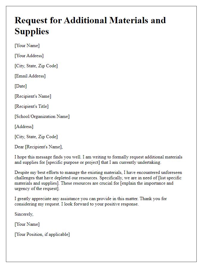 Letter template of appeal for extra materials and supplies