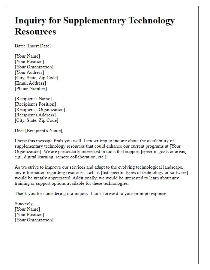 Letter template of inquiry for supplementary technology resources