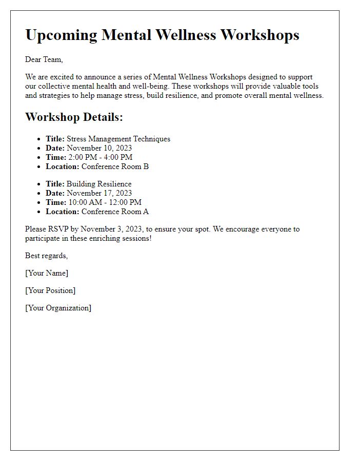 Letter template of Announcement for Upcoming Mental Wellness Workshops