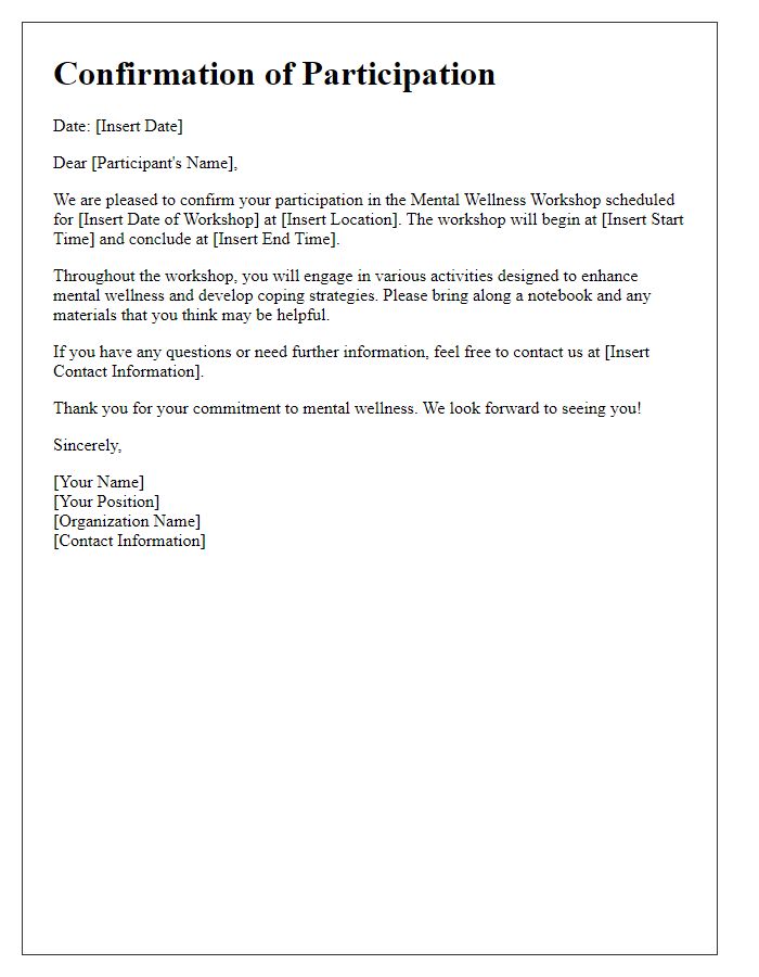 Letter template of Confirmation for Mental Wellness Workshop Participation