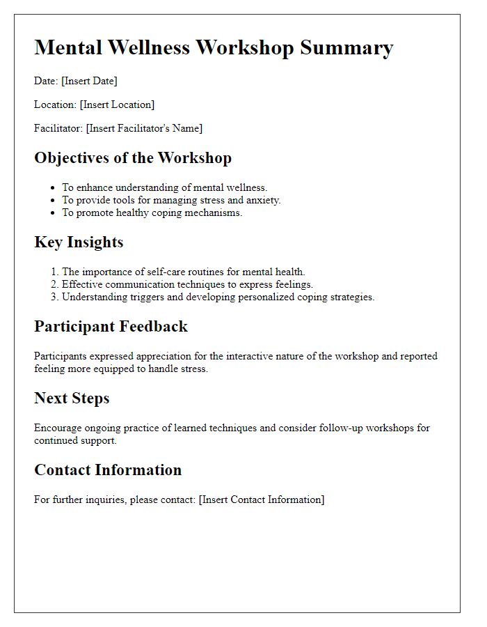 Letter template of Summary and Insights from Mental Wellness Workshops