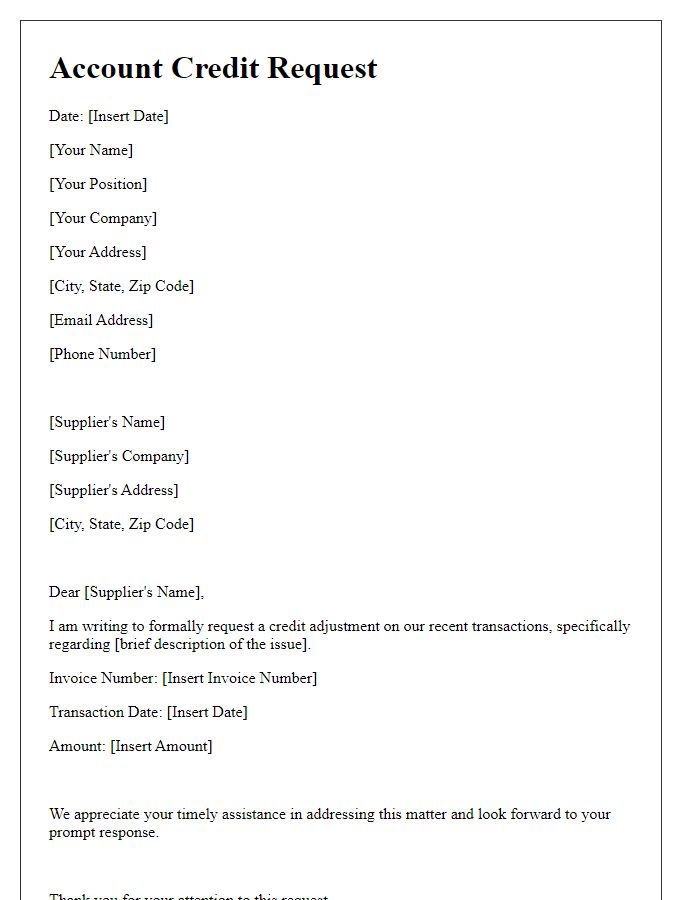 Letter template of contractor supplier account credit request.