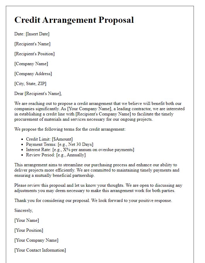 Letter template of contractor supplier credit arrangement proposal.