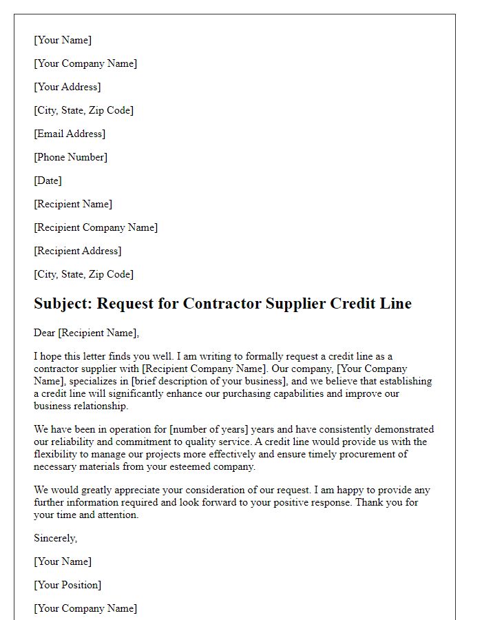 Letter template of contractor supplier credit line request.