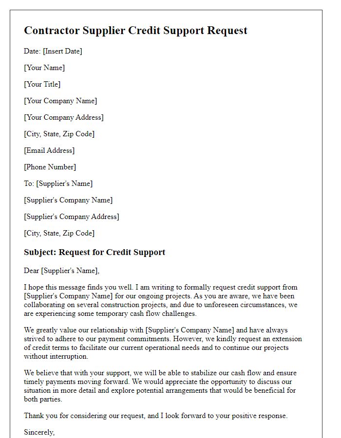 Letter template of contractor supplier credit support request.