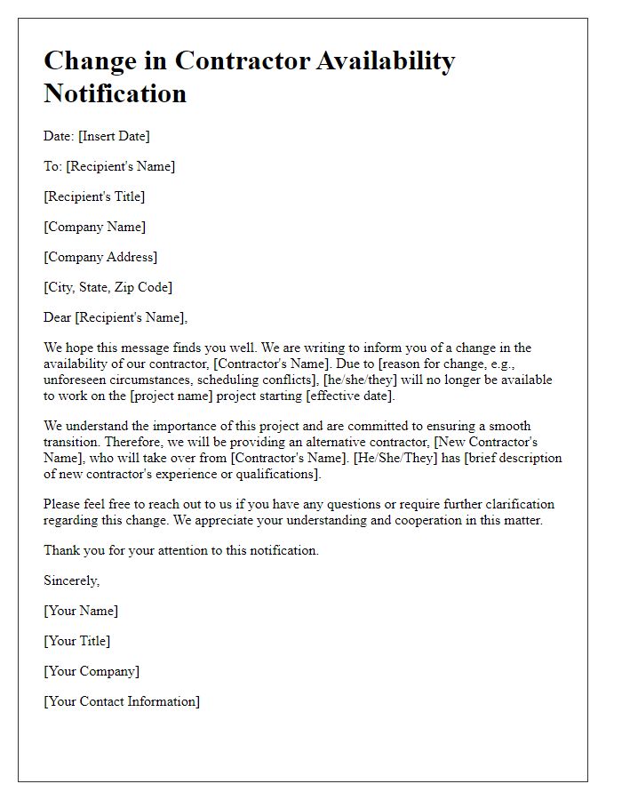 Letter template of change in contractor availability notification