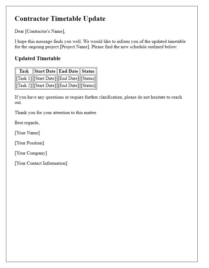 Letter template of contractor timetable update