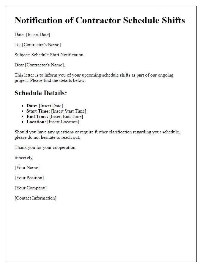 Letter template of notification for contractor schedule shifts