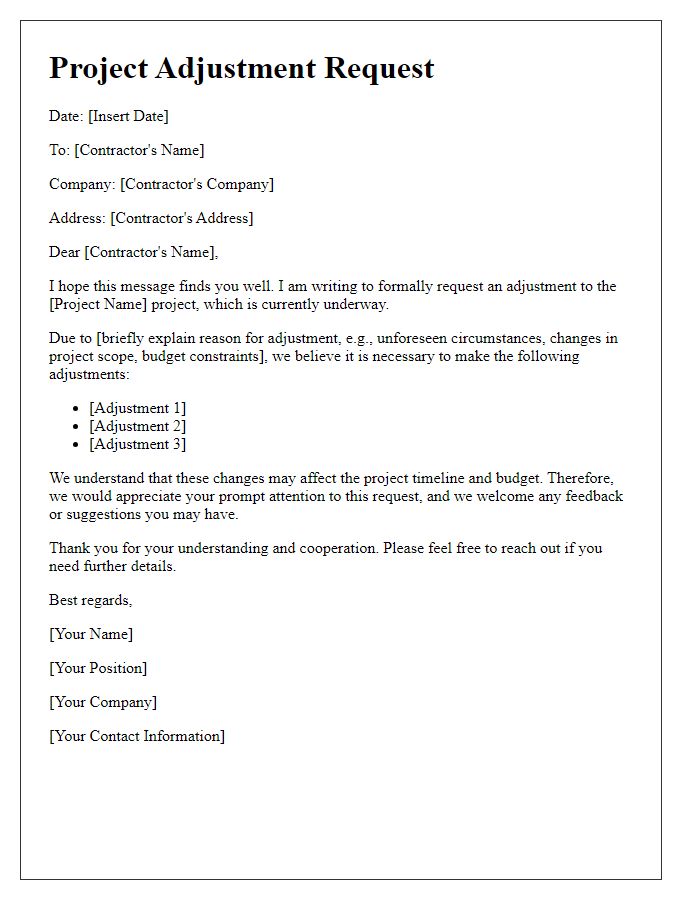 Letter template of project adjustment request for contractor