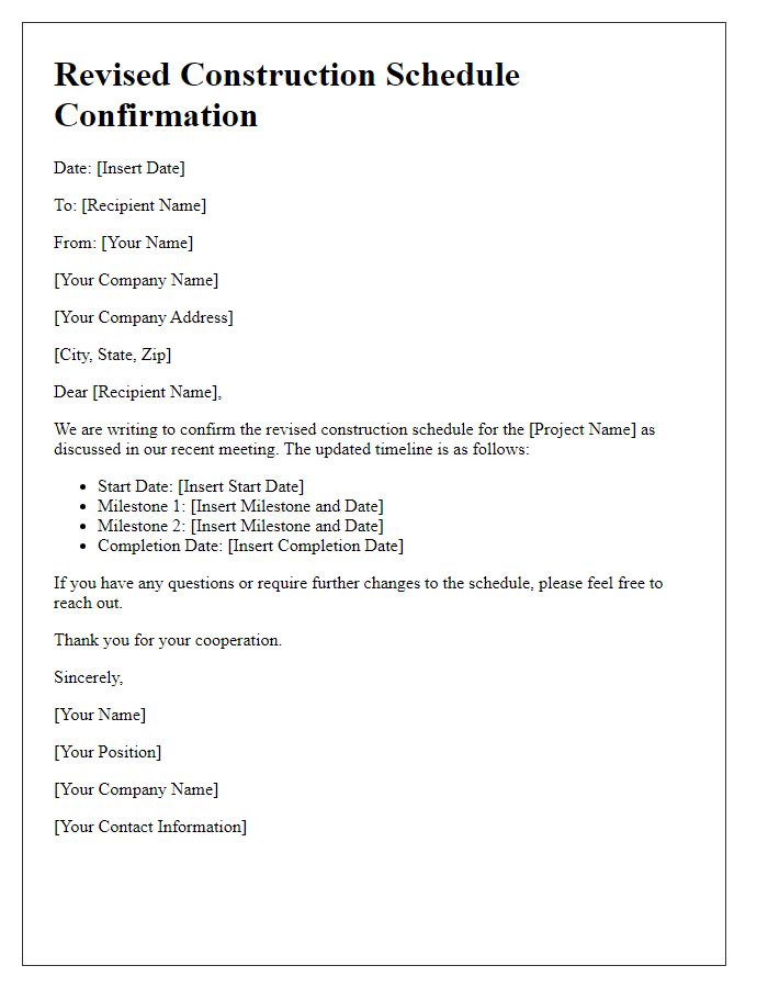 Letter template of revised construction schedule confirmation