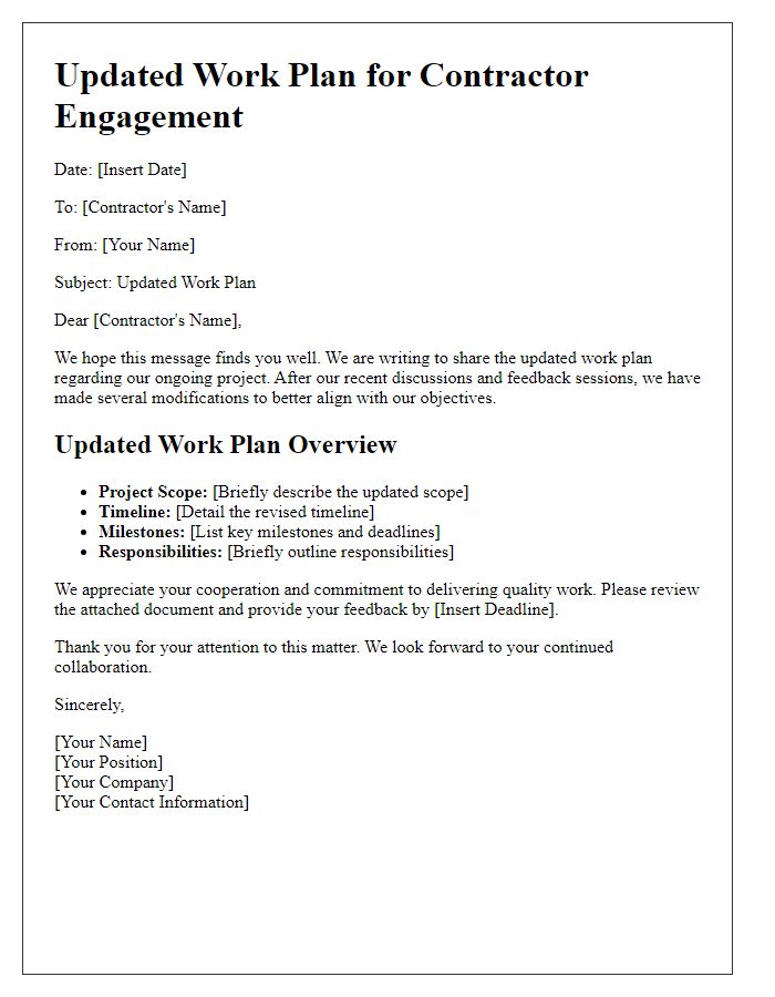 Letter template of updated work plan for contractor engagement