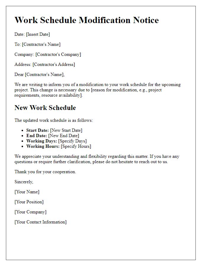 Letter template of work schedule modification for contractors