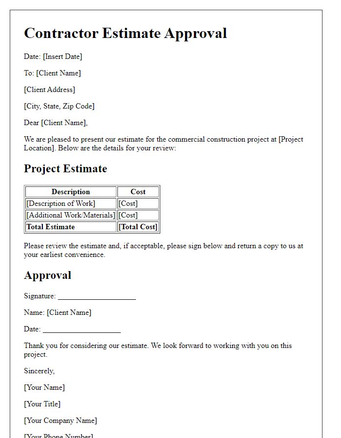 Letter template of contractor estimate approval for commercial construction