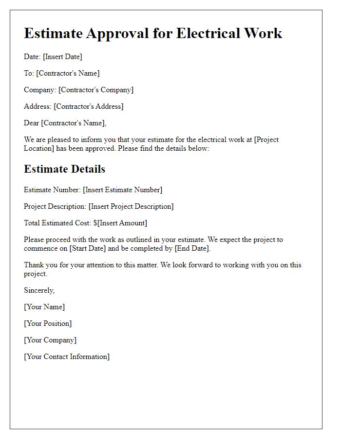 Letter template of contractor estimate approval for electrical work