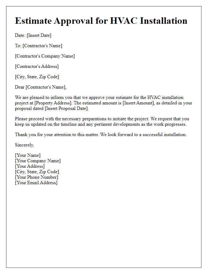 Letter template of contractor estimate approval for HVAC installation