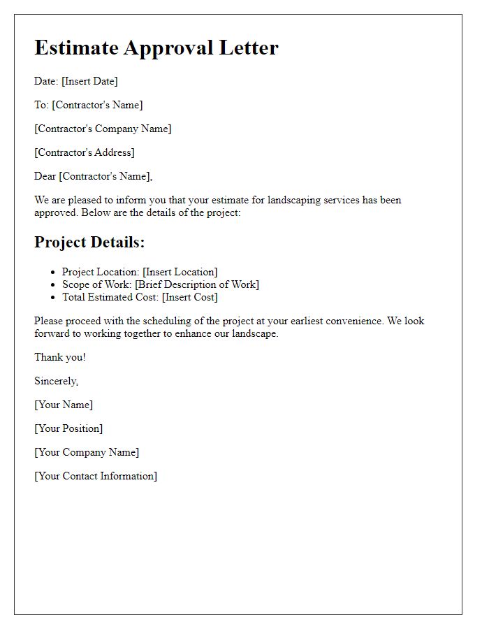 Letter template of contractor estimate approval for landscaping services