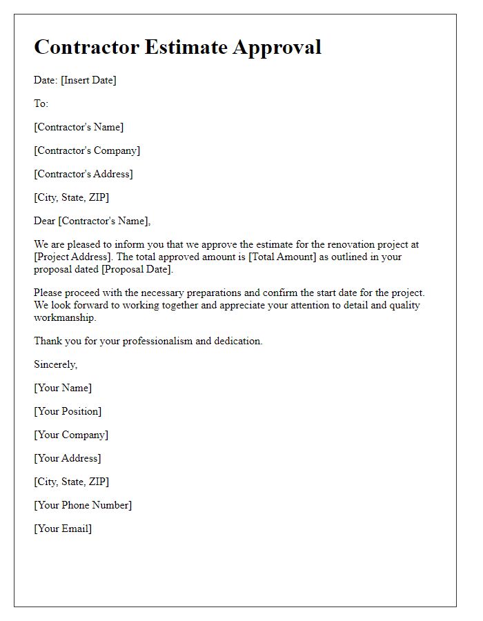 Letter template of contractor estimate approval for renovation project