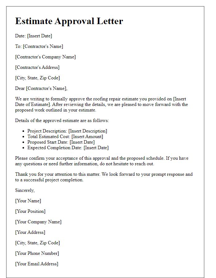 Letter template of contractor estimate approval for roofing repairs