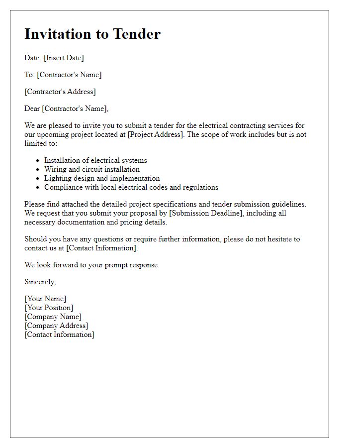 Letter template of contractor invitation to tender for electrical contracting.